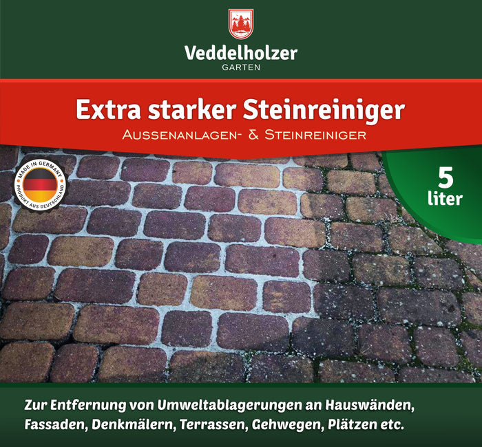 Etikettansicht mit 5-Liter-Angabe: Pflasterfläche links gereinigt, rechts vermoost, dazu Made-in-Germany-Siegel