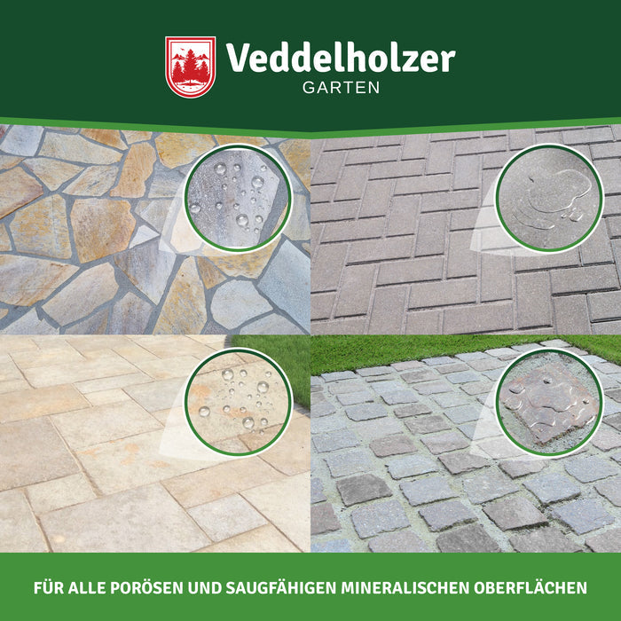 Vier Steinbeläge mit Lupenausschnitten perlender Tropfen: Naturstein, Betonpflaster, Terrassenplatten und Kopfsteinpflaster