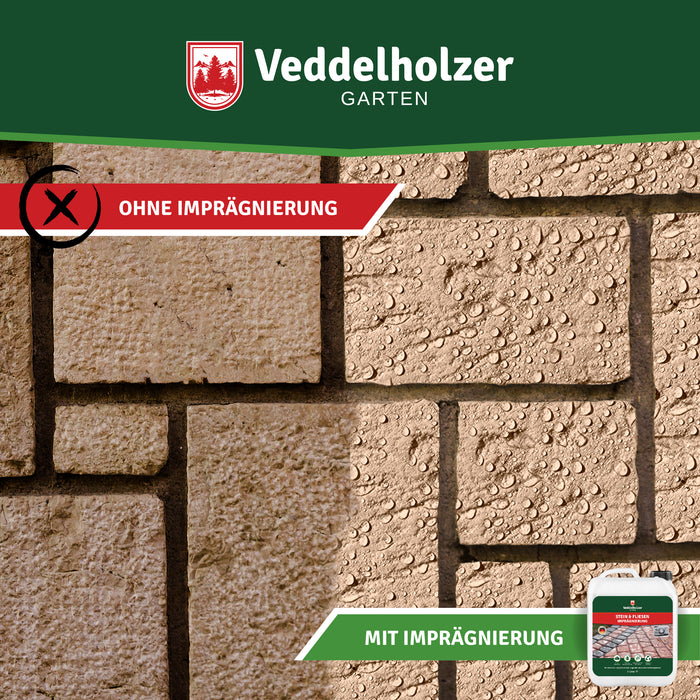 Sandsteinmauer im Vergleich: links „ohne Imprägnierung“ zieht das Wasser ein, rechts „mit Imprägnierung“ perlt es in Tropfen ab