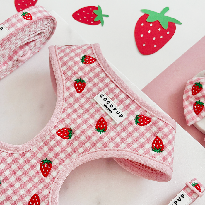 Pink harness, lead, and collar set with red strawberry pattern from Cocopup London.