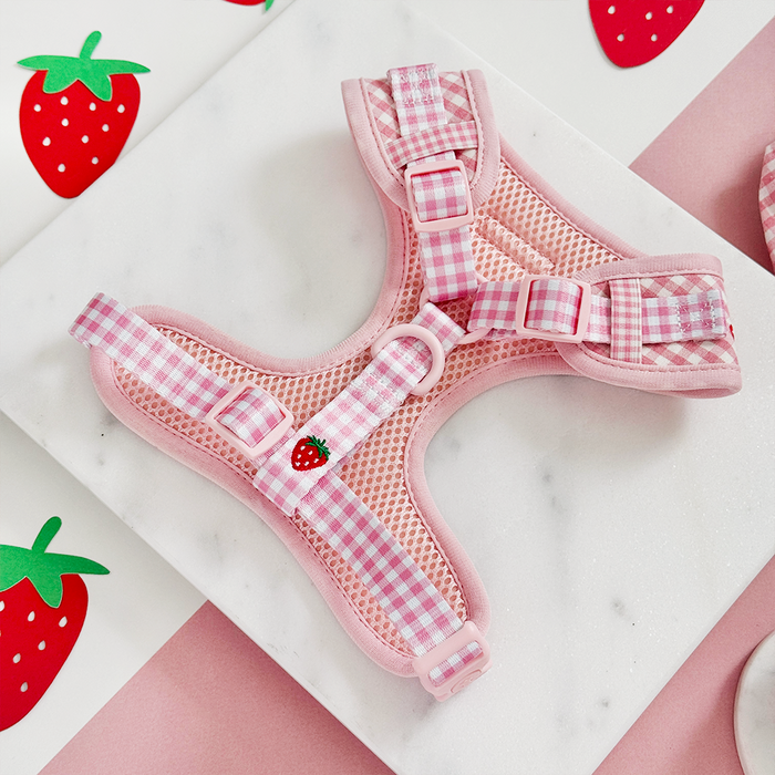 Adjustable dog harness with pink gingham straps and a small strawberry patch.