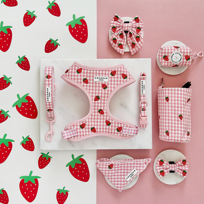 Pink harness set with strawberry print, includes adjustable harness, matching leash, bow, bandana, and bag.