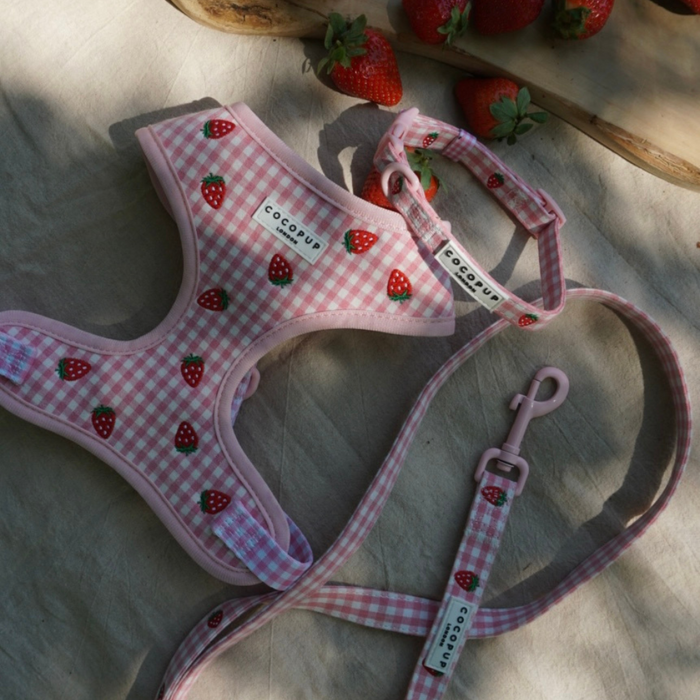 Strawberry-patterned Cocopup London dog collar with safety lock, displayed on fabric next to fresh strawberries.
