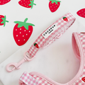 Pink gingham dog lead by Cocopup London with white paper strawberry cutout accents.