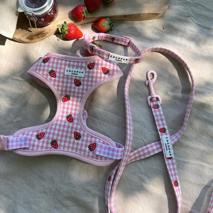 Strawberry Picnic Pup collar by Cocopup London with safety lock, displayed on beige fabric next to fresh strawberries.
