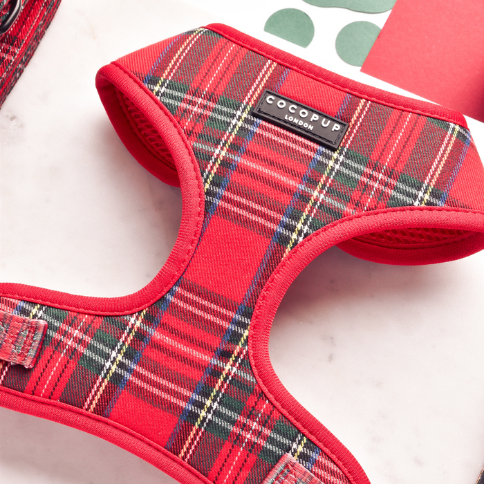 Cocopup London tartan harness, lead, and collar set in red and green plaid, displayed on a white background.