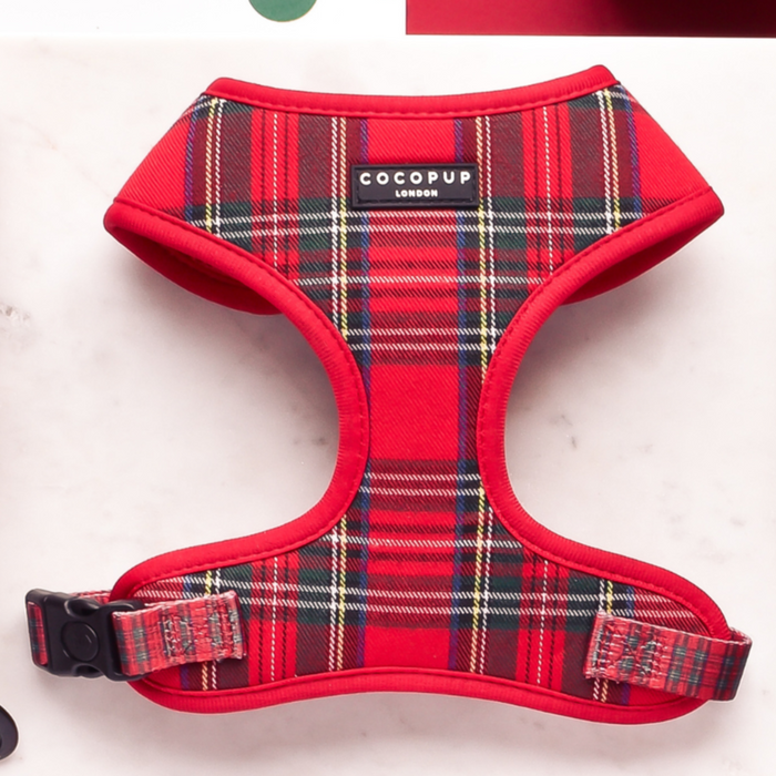 Tartan dog harness with adjustable neck, black buckle, and padded breathable fabric on a white background.