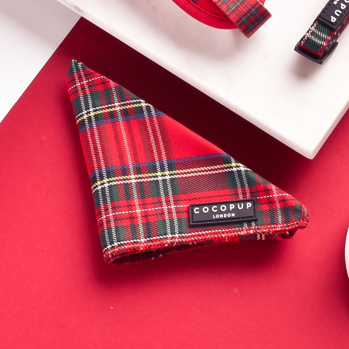 Red and white tartan dog bandana with classic Scottish pattern by Cocopup London.