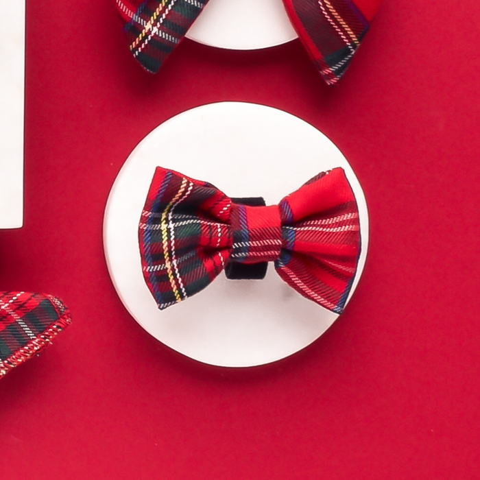 Red tartan dog bow tie from Cocopup London displayed on a bold red background.