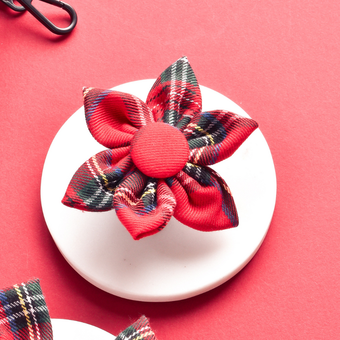 Red plaid dog collar flower with six petals, designed by Cocopup London.
