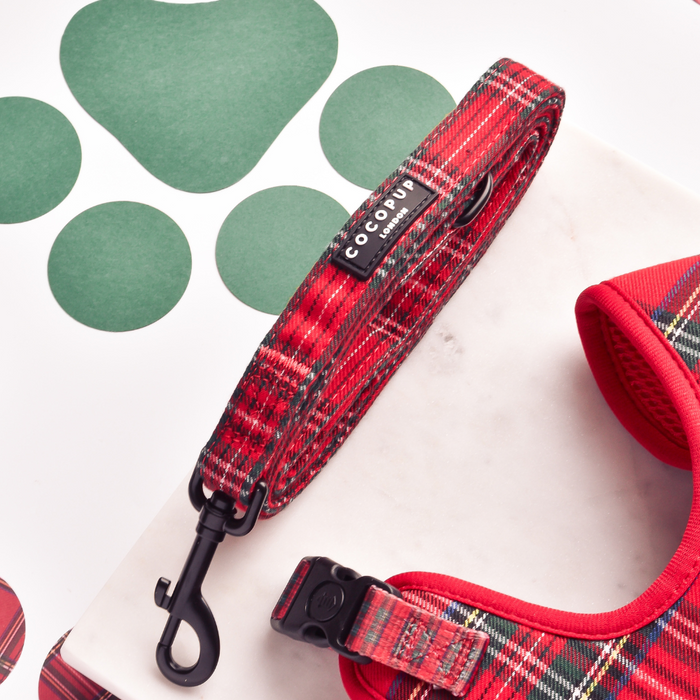 Tartan-patterned Cocopup London dog leash and harness set with padded handle on a white background with green paw prints.