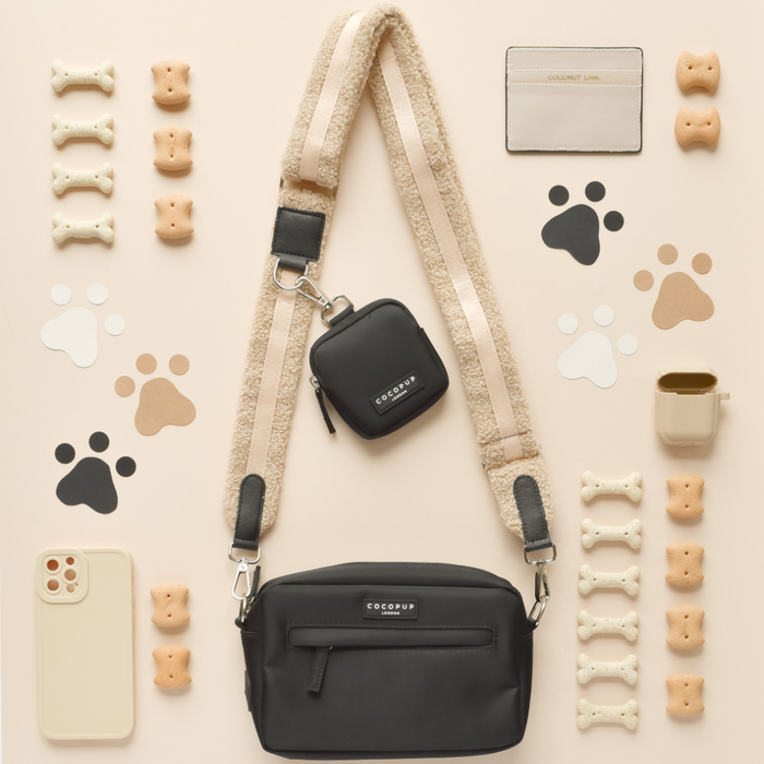 cream teddy fur dog walking bag strap