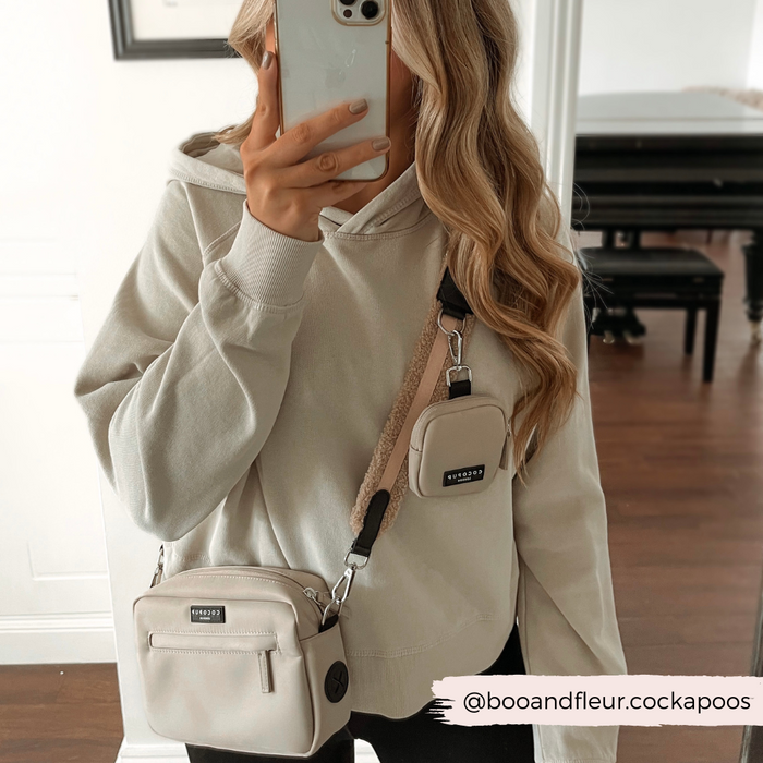 cream teddy fur dog walking bag strap