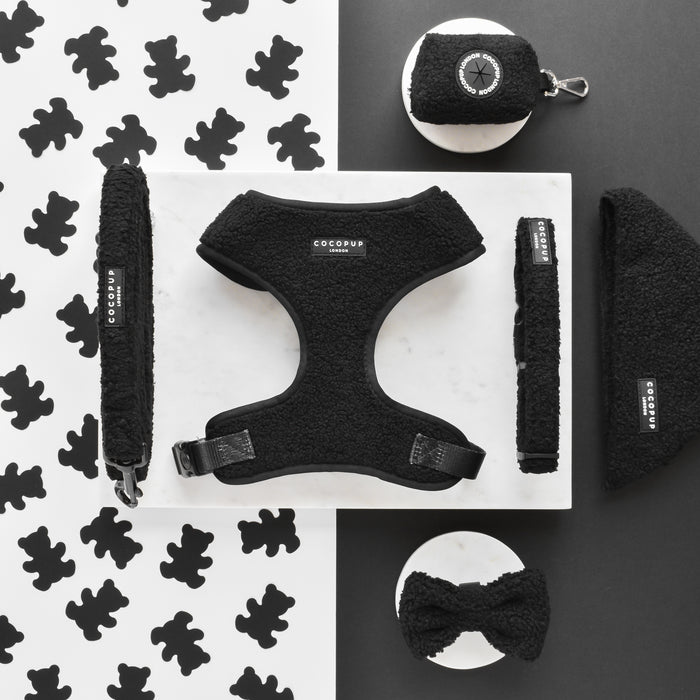Cocopup Londons brown teddy-fleece harness, lead, and collar set displayed on a black and white background.