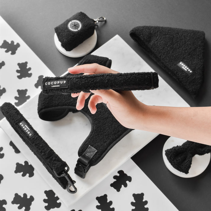Hand holding a black textured Cocopup London Teddy adjustable dog collar, shown with matching pet accessories.