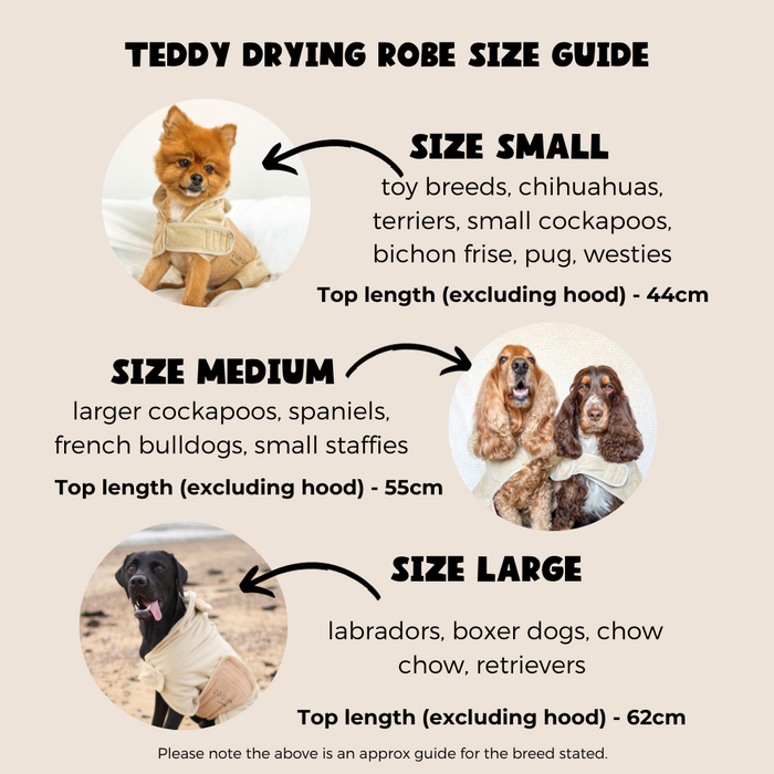 Three dogs model Cocopup London Teddy Drying Robes in three sizes; fluffy, neutral-toned fabric with hooded design.
