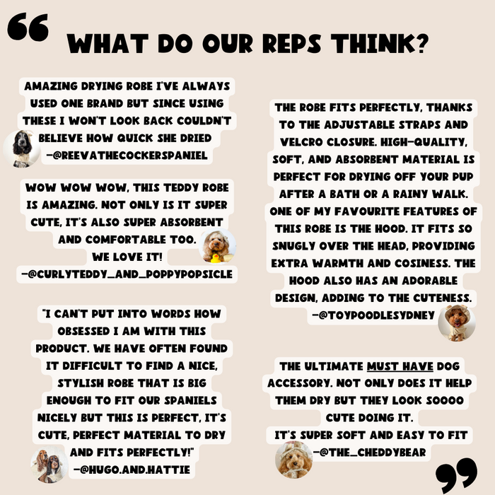 Customer testimonials in speech bubbles for Cocopup London’s Teddy Drying Robe, shown with user names and dog quotes.