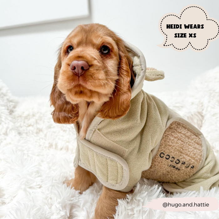 A small puppy with light brown fur is sitting on a fluffy white blanket, wearing a cozy light beige hoodie. A speech bubble on the right reads, "Heidi wears size XS." The Instagram handle "@hugo.and.hattie" is visible at the bottom right of the image, showcasing their new Teddy Drying Robe collection by Cocopup London.