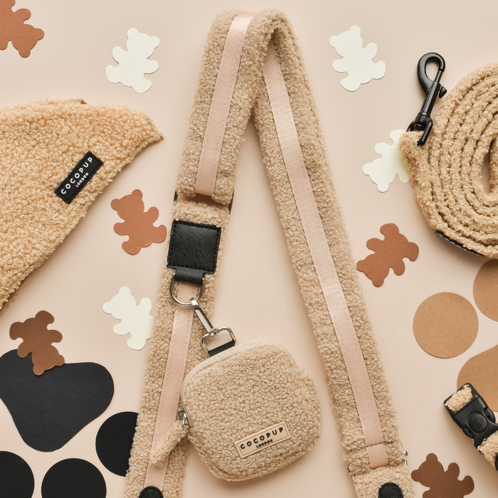 Cocopup London Teddy Rupert dog walking set in soft brown fleece, with leash, harness, treat pouch, and poop bag dispenser.