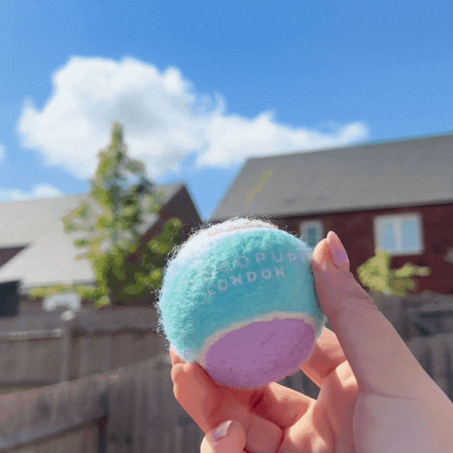 Hand holding a pink Cocopup London tennis ball outdoors, with houses, a fence, and blue sky in the background.