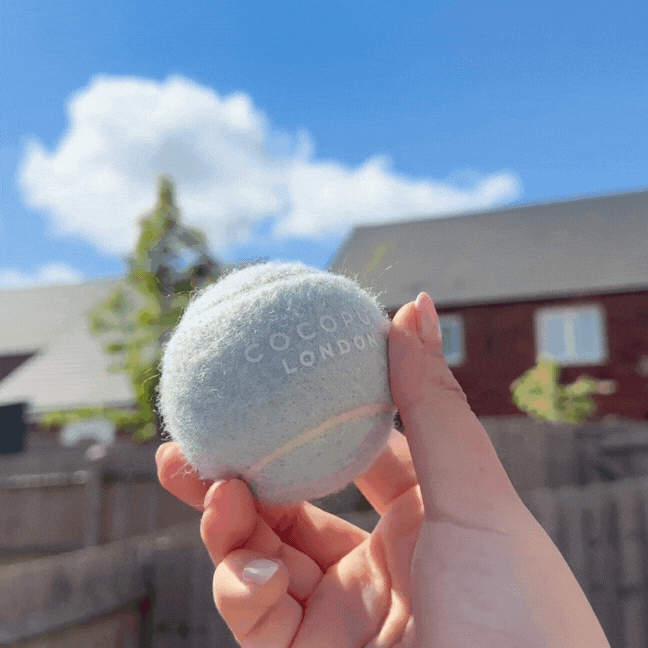 Hand holding a pale green Cocopup London tennis ball outdoors, with houses and blue sky in the background.