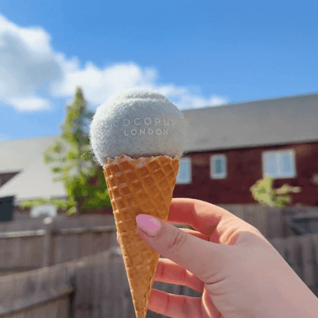 Hand holding a blue ice cream cone outdoors, with buildings and Cocopup Londons green Pistachio Tennis Ball visible.