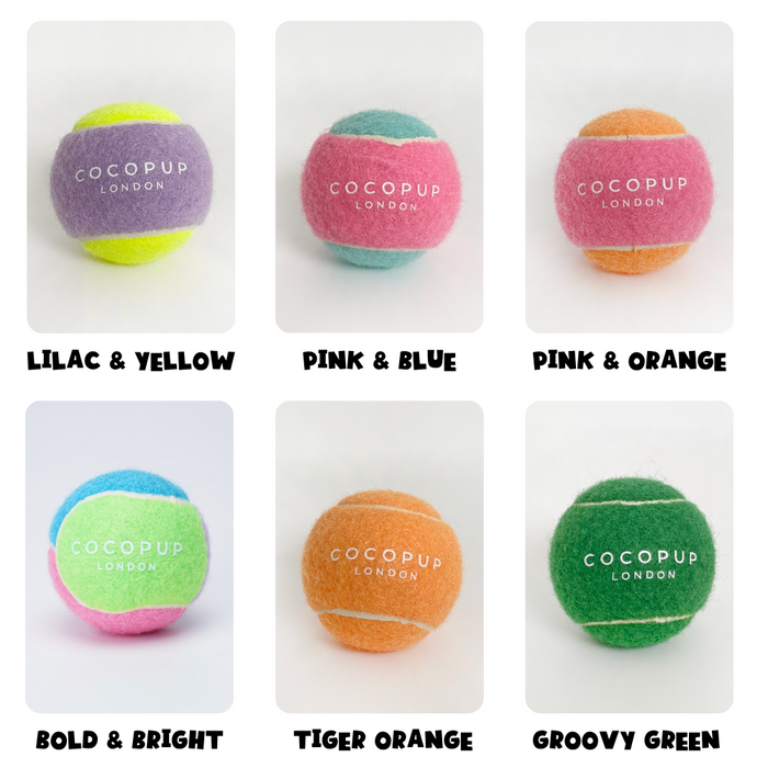 Cocopup London tennis ball holder in neutral fabric with one yellow tennis ball inside.