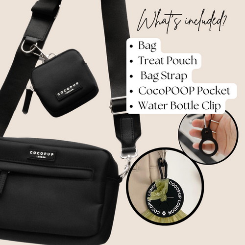 Black dog walking bag with treat pouch, poop bag dispenser, and bottle clip from Cocopup London.