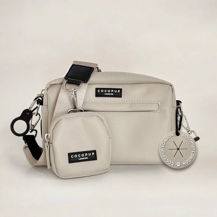 Caramel Latte dog walking bag with black hardware and Cocopup London branded tag.