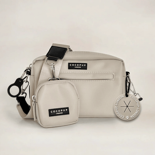 Caramel Latte dog walking bag with black hardware and Cocopup London branded tag.