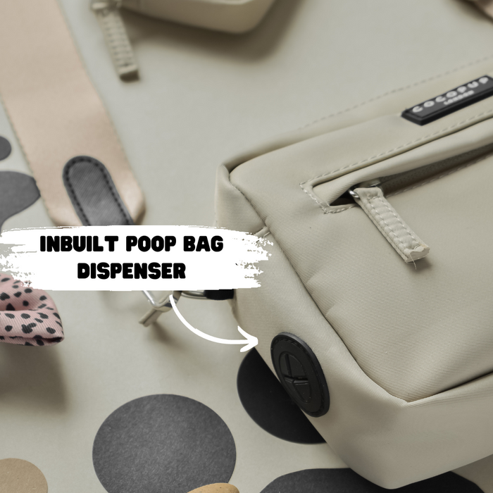 Caramel Latte Cocopup London dog walking bag bundle with built-in poop bag dispenser, shown in smooth, neutral-toned finish.