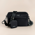 Large black dog walking bag bundle with wide strap, matching pouch, and round tag by Cocopup London.