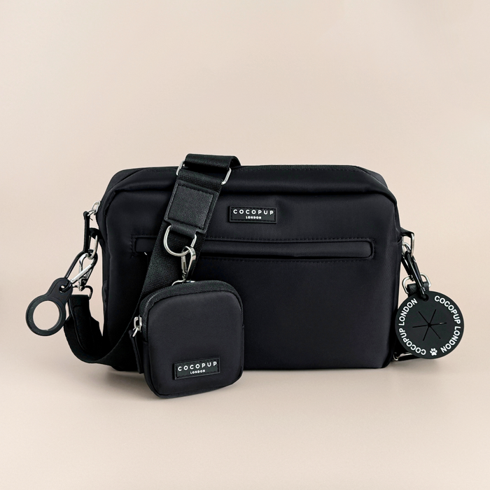 Large black dog walking bag bundle with wide strap, matching pouch, and round tag by Cocopup London.