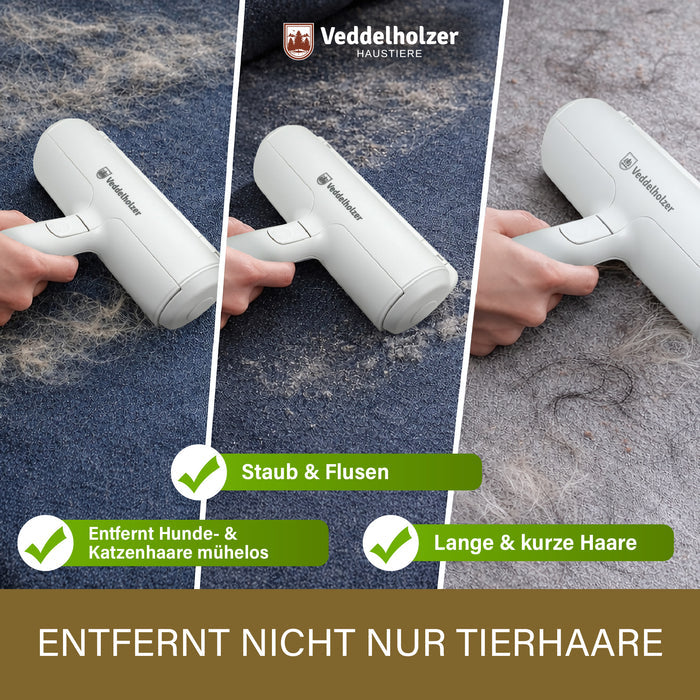 Hand rollt das Gerät über Jeansstoff und grauen Teppich – entfernt Tierhaare, Staub und Flusen sowie lange und kurze Haare