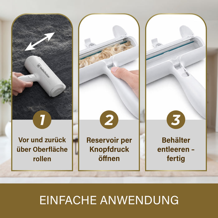 Anwendung in drei Schritten: vor und zurück über die Oberfläche rollen, Reservoir per Knopfdruck öffnen, Behälter entleeren
