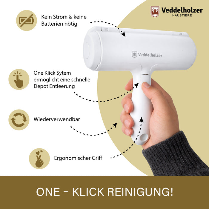 Hand hält das Gerät am ergonomischen Griff – ohne Strom und Batterien, wiederverwendbar, Depot per One-Klick zu entleeren
