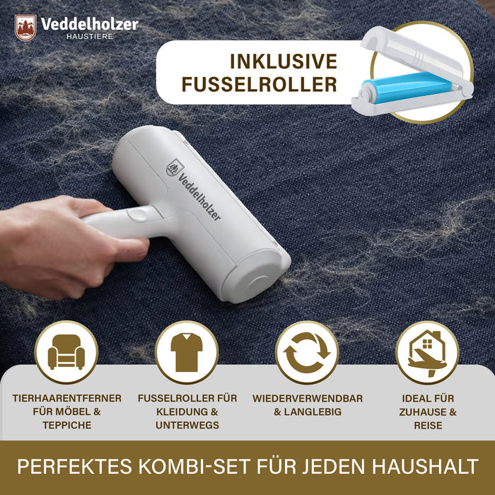 Gerät auf dunkelblauem Stoff voller Haare, eingeblendet der Fusselroller – für Möbel, Teppiche, Kleidung und unterwegs