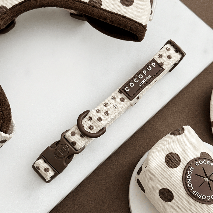 Dog collar with polka dot pattern and visible brand name on a white surface.