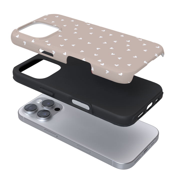 Expanded phone case with a beige and white heart pattern on a white background