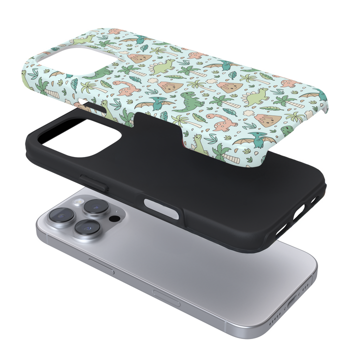 Expanded phone case with dinosaurs on a white background