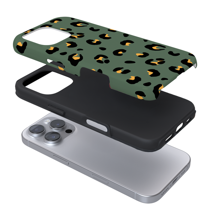 Expanded phone case with a khaki leopard print on a white background