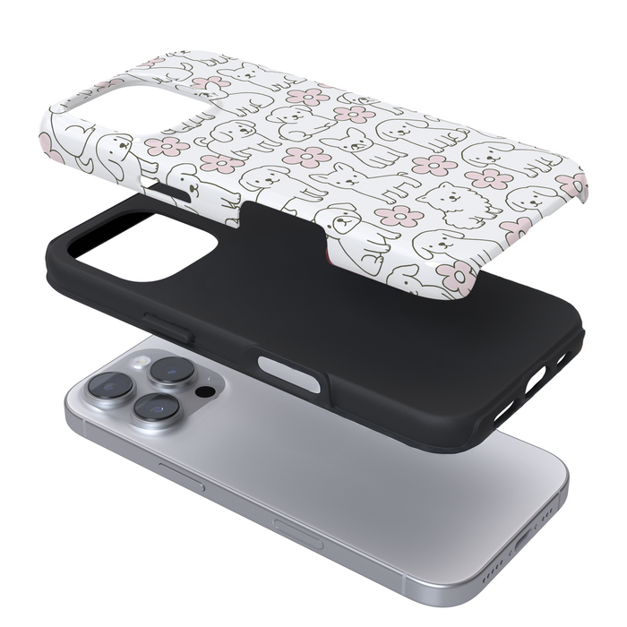 Expanded phone case with dogs and pink flowers on a white background