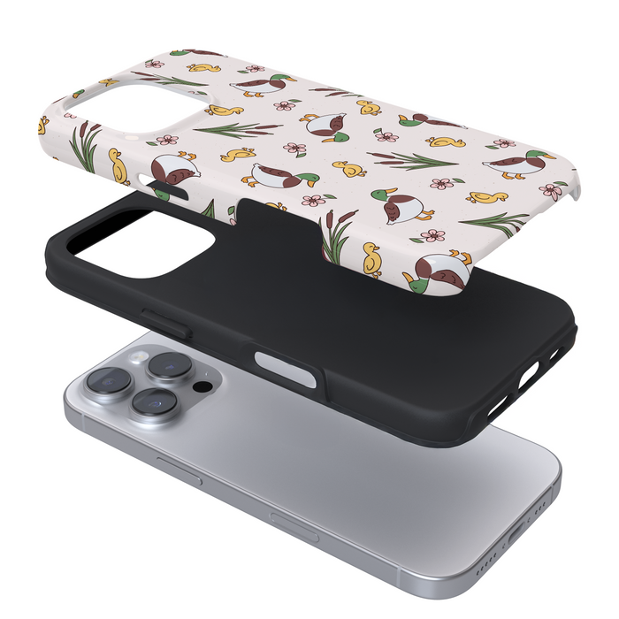 Expanded phone case with ducks and plants on a white background