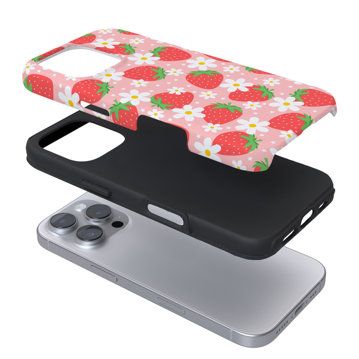 Expanded pink phone case with strawberries and flowers on a white background