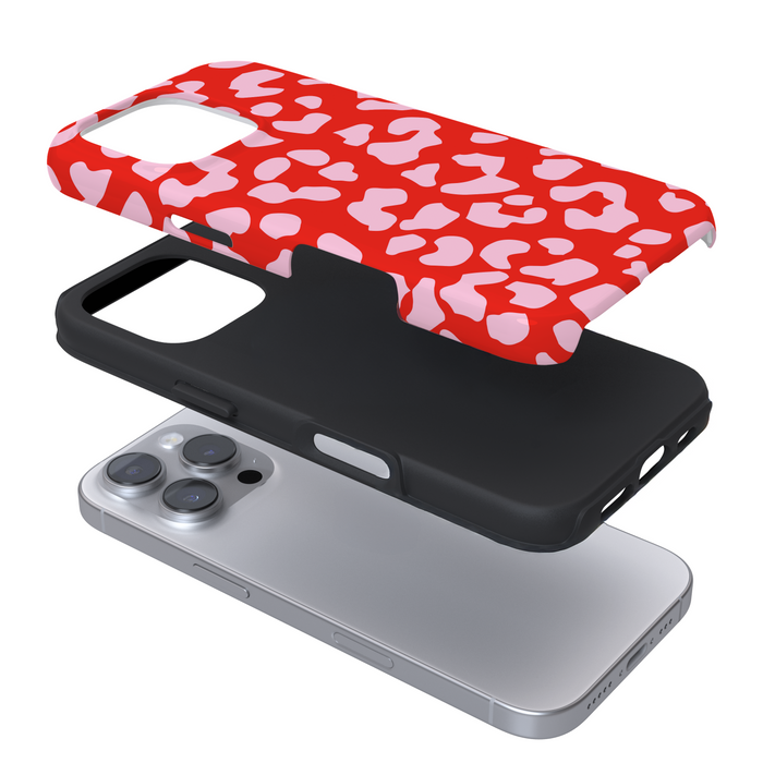 Expanded phone case with a red and pink pattern on a white background