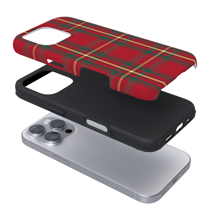 Expanded phone case with a red tartan pattern on a white background