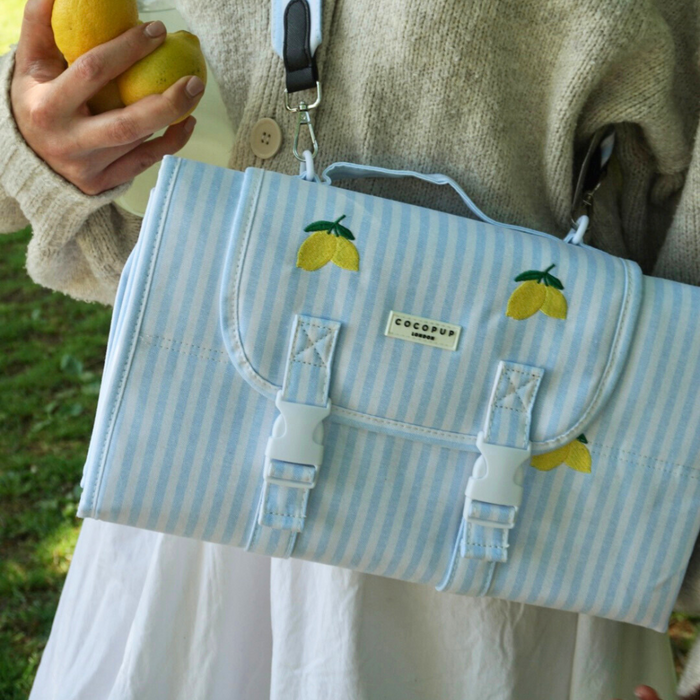 Person with yellow fruit and blue striped bag stands beside Cocopup London lemon-print travel mat on grass.