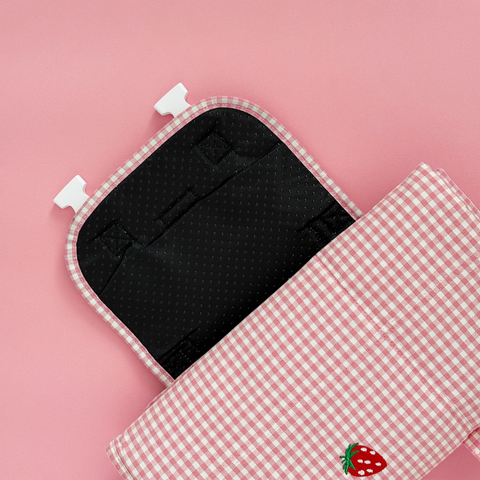 Pink gingham pouch with a strawberry patch, featuring Cocopup London branding.