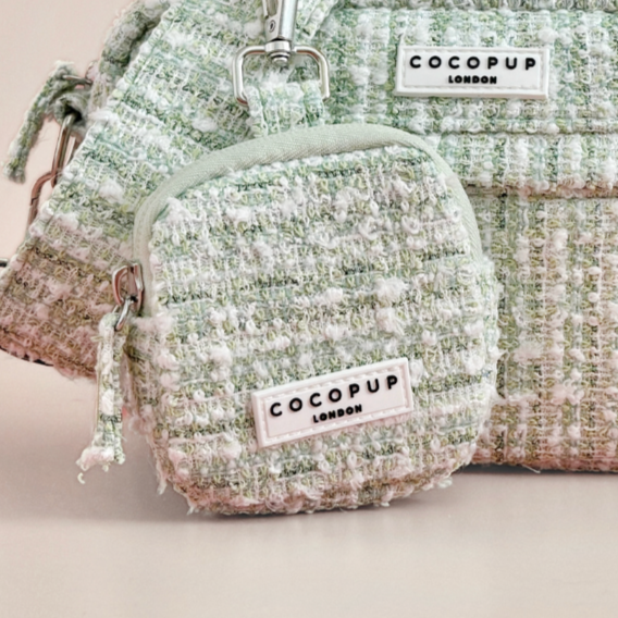 Mint green tweed treat pouch with silver zippers and Cocopup London logo label.