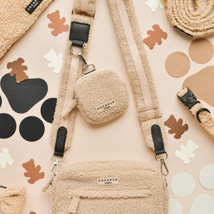 Tan teddy-textured Cocopup set with crossbody bag, treat pouch, poop bag holder, matching collar and lead.
